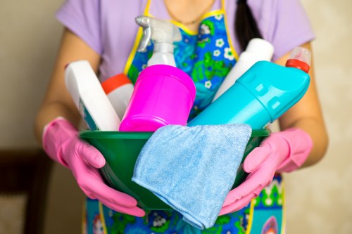 Carpet cleaning team preparing a safe work area